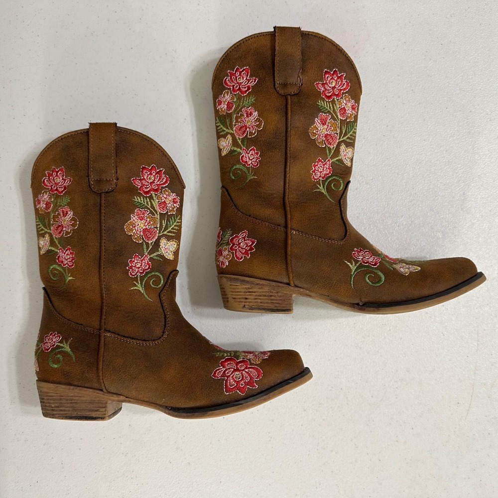 Roper Embroidered Floral Rodeo Western Cowboy Boots Brown Boho Little Kids Sz 1